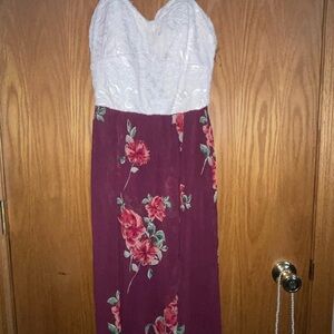 Lily Rose Strapless Dress with White Lace and Burgundy Floral